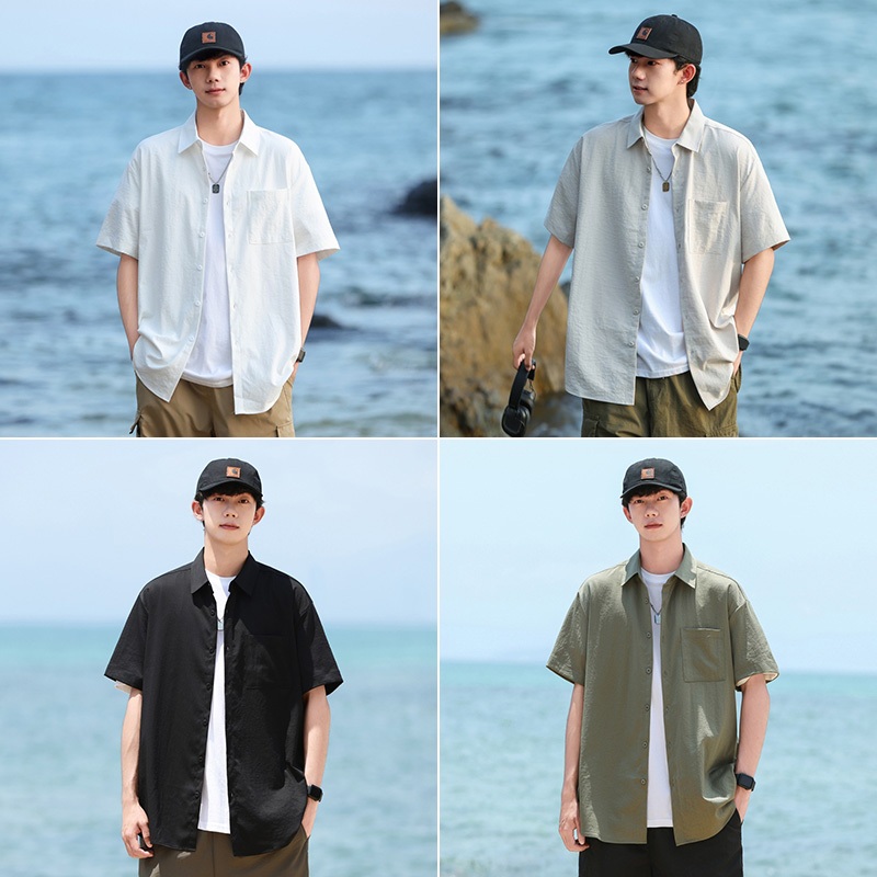 พร้อมส่งจากไทย✨เสื้อแขนสั้น เสื้อเชิ้ตแขนสั้นผู้ชาย สไตล์เกาหลี สีพื้น ทรงหลวม M-XXL ขาว/สีฟ้า/สีดำ #N2042