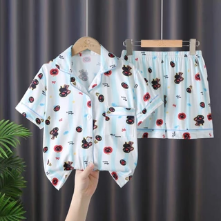 ชุดนอนเด็กคอปกแขนสั้นขาสั้นพิมพ์ลายน่ารัก SIZE110CM-150CM นื้อผ้านุ่มใส่สบาย