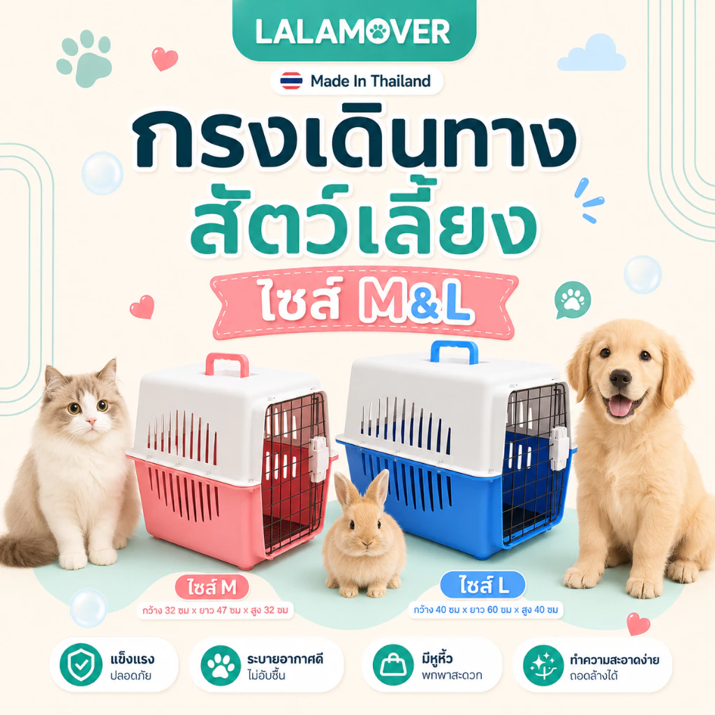 Lalamover กล่องเดินทางสัตว์เลี้ยง กรงหิ้วสัตว์เลี้ยง ผลิตในประเทศไทย รับประกันสินค้า มีแผ่นปูพื้น
