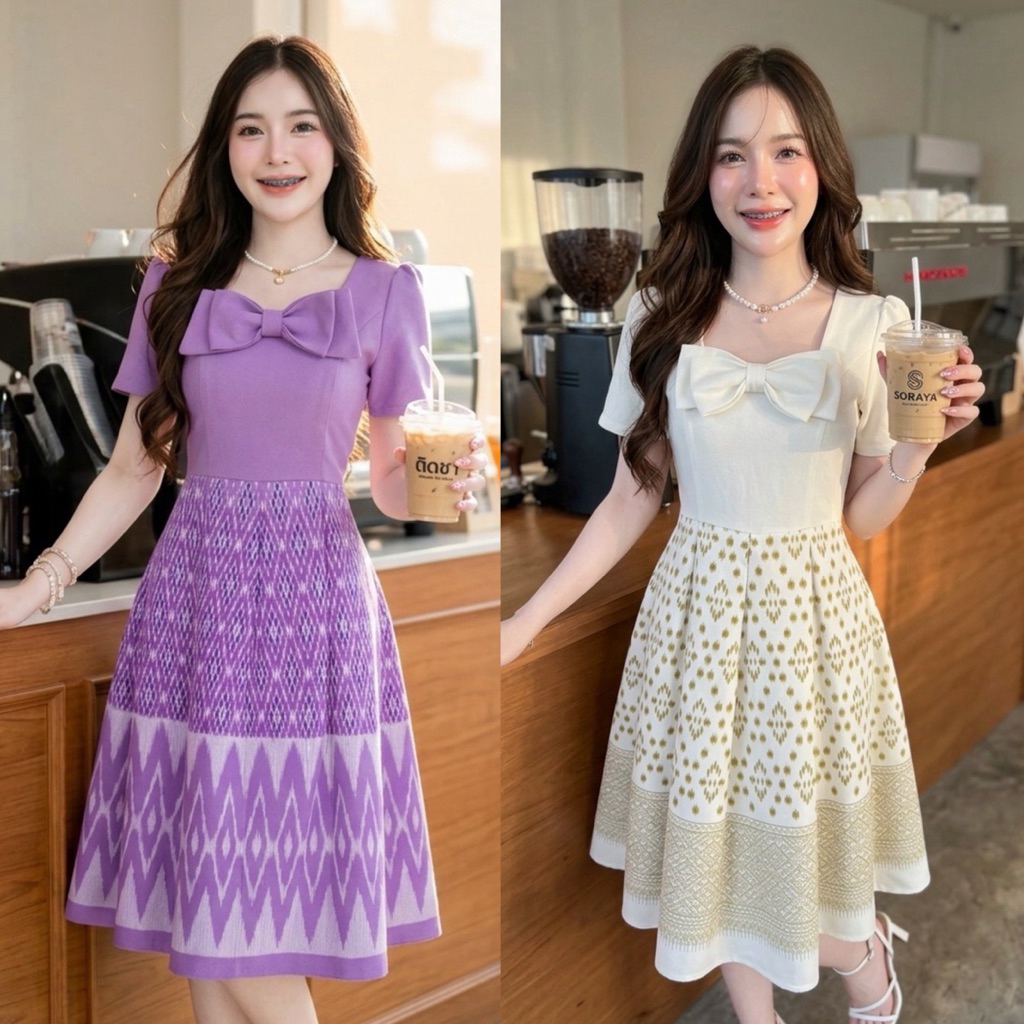 [SRY009]เดรสสีม่วงคอเหลี่ยมแต่งโบว์ผ้าฝ้ายพิมพ์ลายอัดกาว