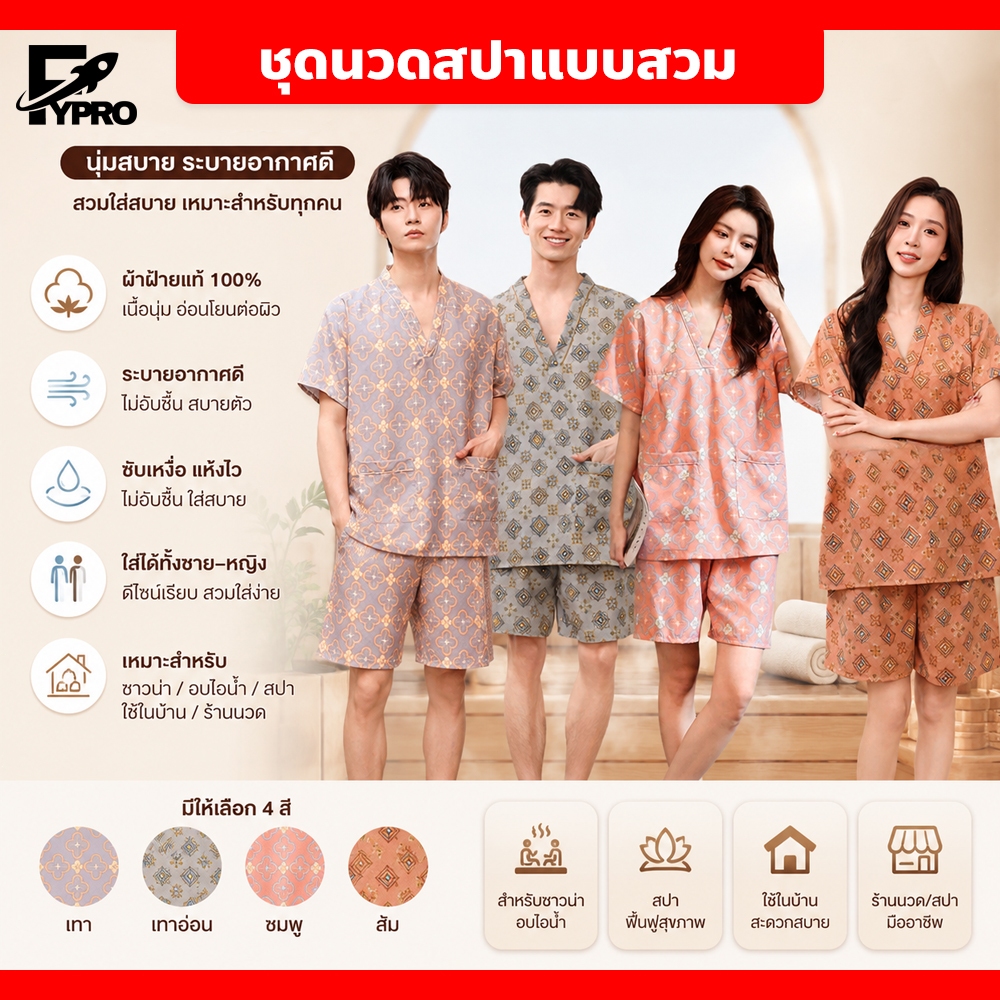 ชุดนวดสปา ชาย-หญิง แบบสวมไม่มีกระดุม ชุดอบตัว นวดตัว ผ้านุ่ม ใส่สบาย ไม่อับชื้น