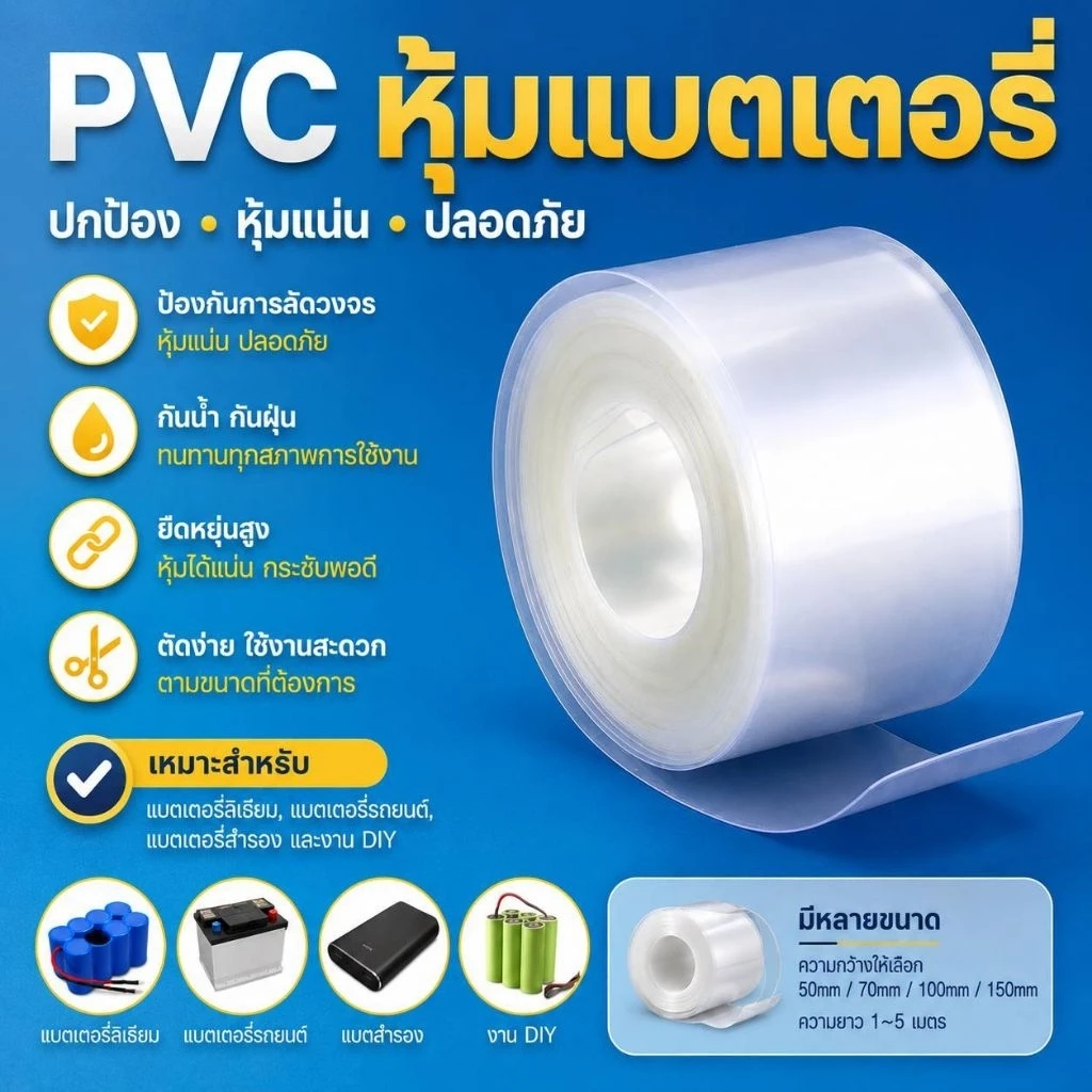 PVCฟิล์มใสหุ้มแบตเตอรี่130-230mmราคาต่อ1เมตร