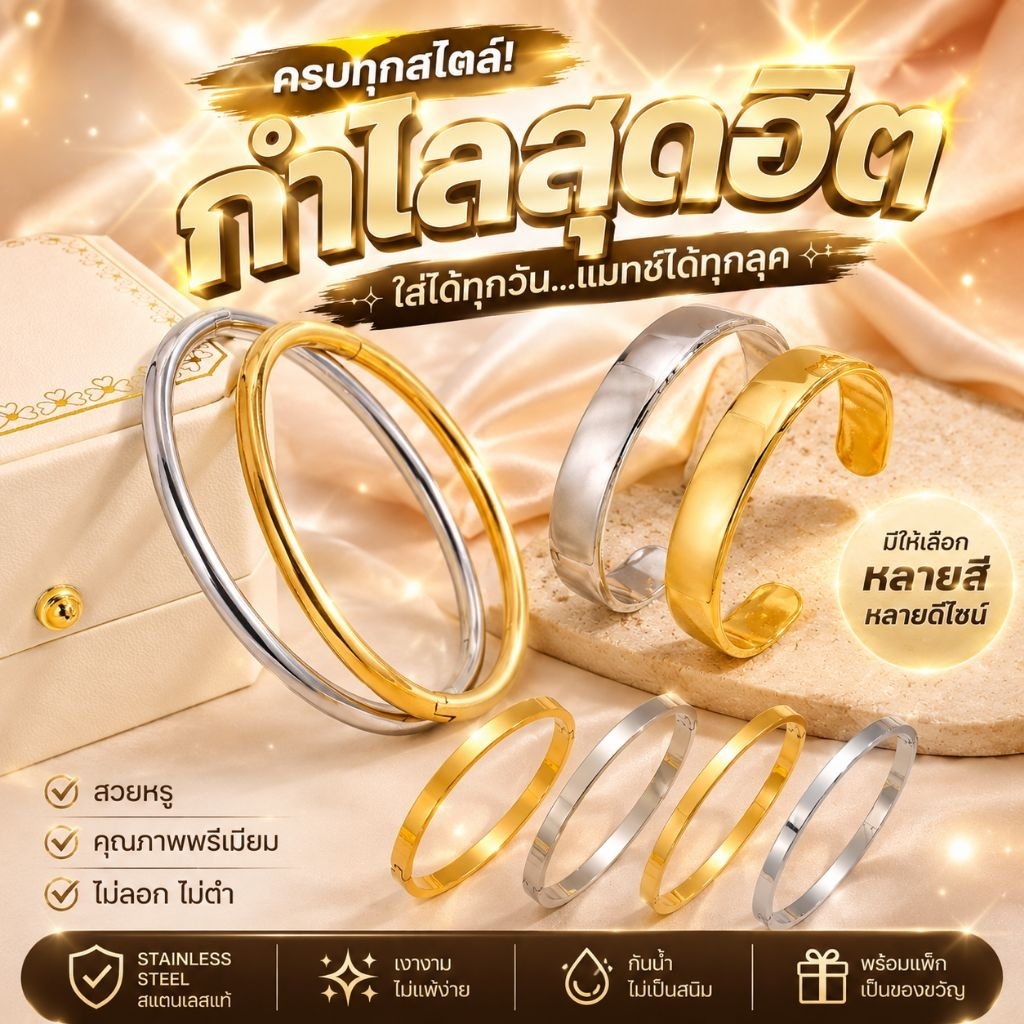 [COD]กำไลข้อมือ แบบเกลี้ยง ตัวเรือนสแตนเลส เรียบหรู ไม่ลอกไม่ดำใส่อาบน้ำได้ พร้อมส่งในไทย ฟรี กล่องเก็บเครื่องประดับ
