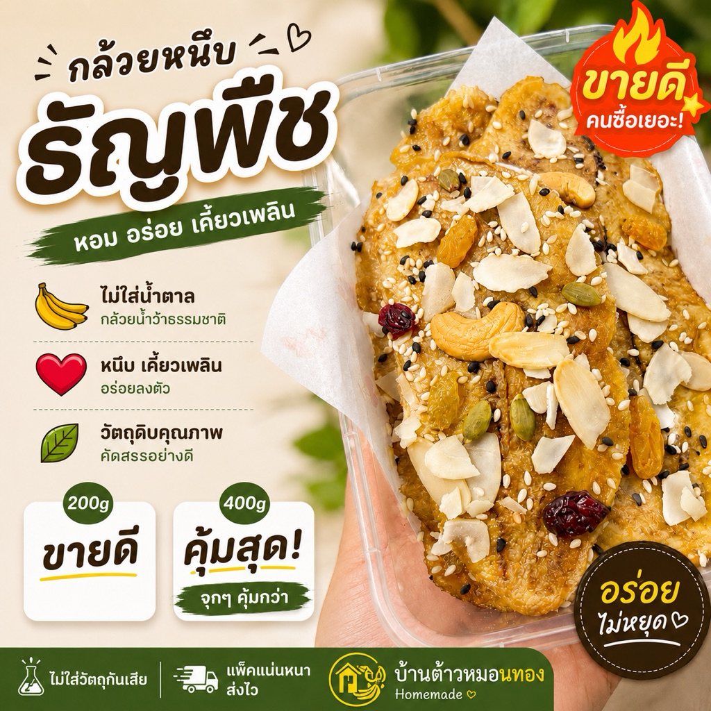 กล้วยหนึบ 200g/400g ธัญพืช ขนมคลีน หวานน้อย ไม่ใส่น้ำตาล กล้วยอบหนึบ กล้วยน้ำว้า กล้วยอบแห้ง ขนมสุขภาพ