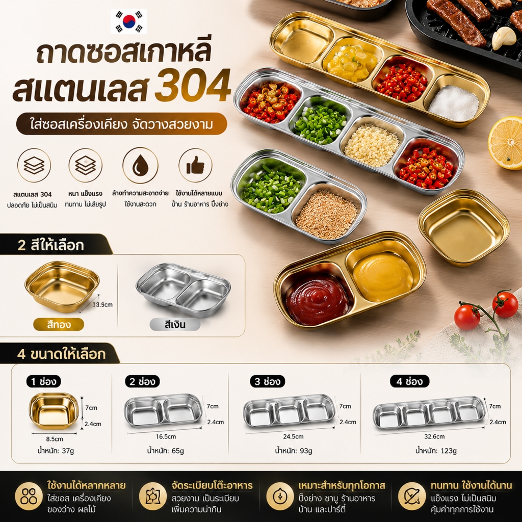 จานสแตนเลส 304 รสเกาหลี จานจุ่มทอง จานปรุงรสหม้อไฟ จานซอส เครื่องใช้บนโต๊ะอาหารบาร์บีคิว เงิน/ทอง
