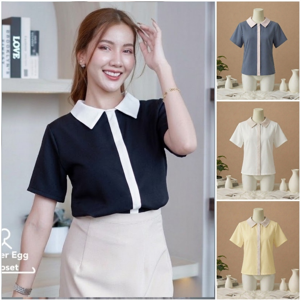 C21 เสื้อทํางานผู้หญิง แขนสั้น คอปกทูโทน เสื้อยืด แฟชั่น แต่งสาบสีเดียวกับปก งานน่ารักมาก Easter Egg