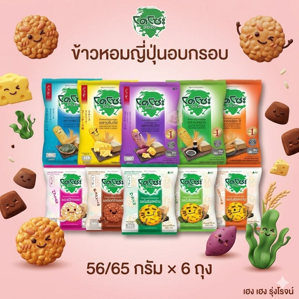 [แพ็ค6ถุง] โดโซะ ข้าวหอมญี่ปุ่นอบกรอบ รสคอร์นชีส รสโนริสาหร่าย ขนาดขาย25บ.