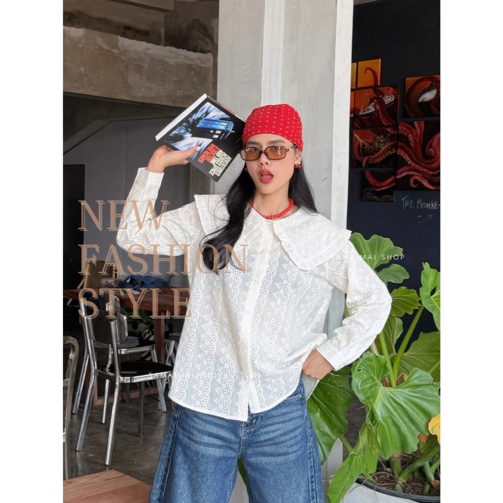เสื้อแขนยาว งานฉลุลูกไม้สายหวาน แฟชั่นสไตล์เกาหลี #99918-1