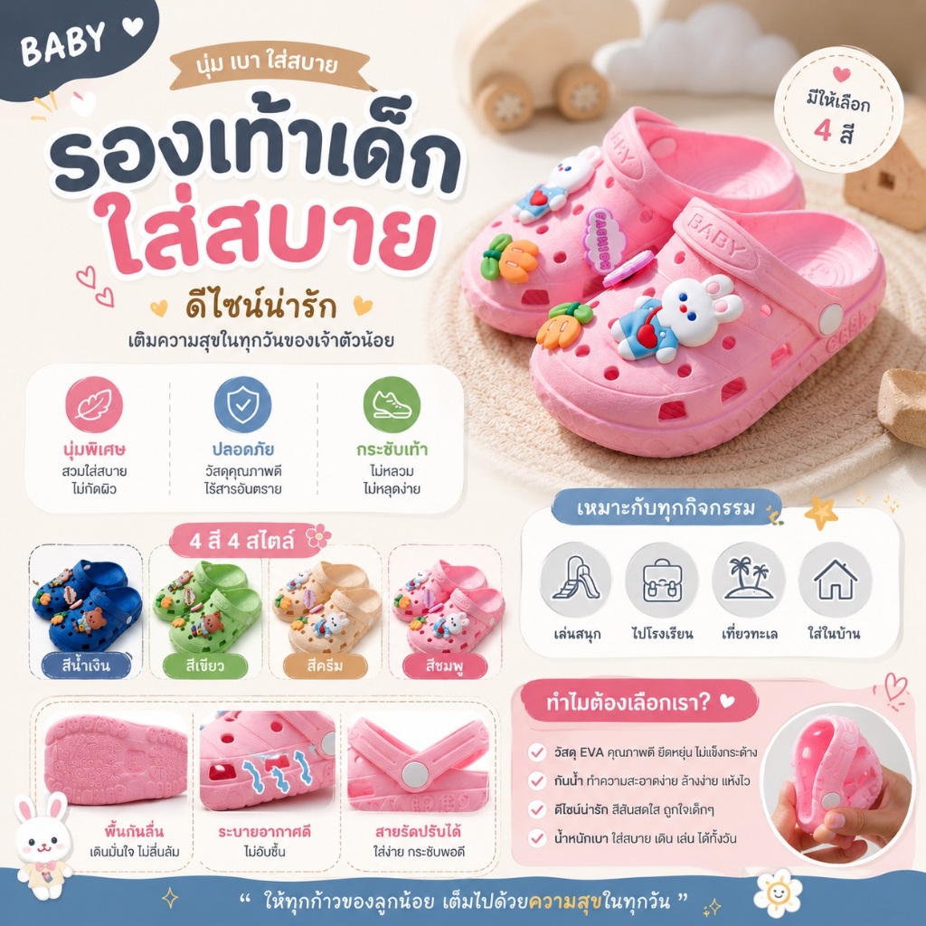 รองเท้าแตะหัวโตเด็ก EVA พรีเมียม นุ่มเด้ง กันลื่น รองเท้ารัดส้นเด็กผู้ชายและเด็กผู้หญิง