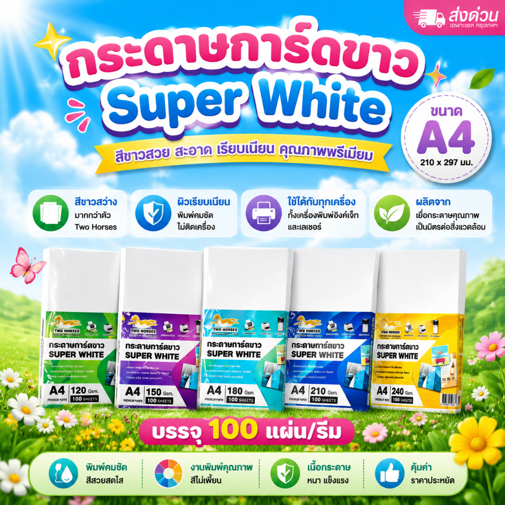 [ส่งด่วน] กระดาษการ์ดขาว Super White (หนา 120 150 180 210 240 / 100 แผ่น) ขนาด A4 (297x210mm)