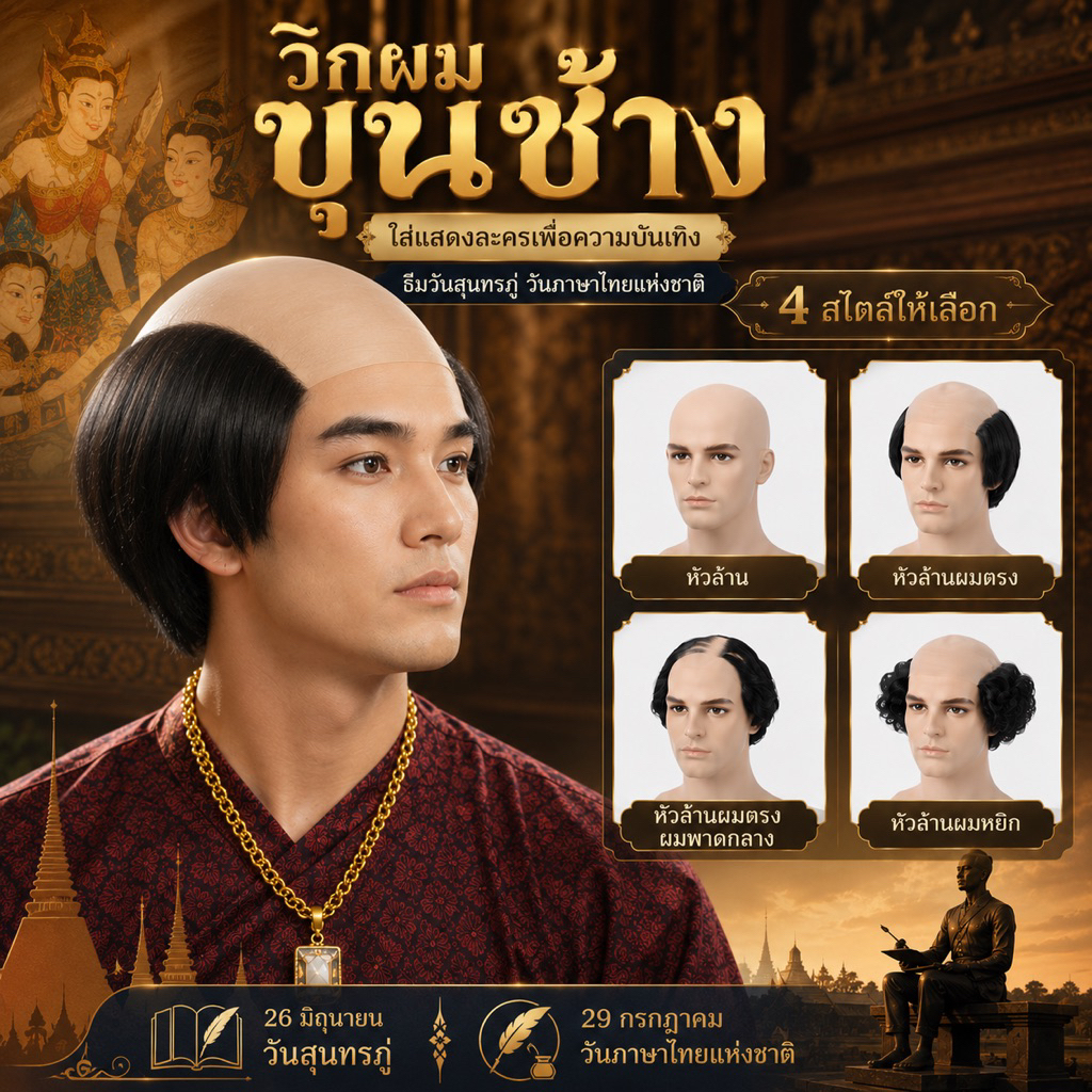 (จัดส่งด่วนจากกทม.) 🚨ต้อนรับวันภาษาไทย!🚨วิกหัวล้าน ขุนช้าง คนแก่ พร็อพแฟนซีทำคอนเทนต์ราคาถูก AT184 AT186 AT144