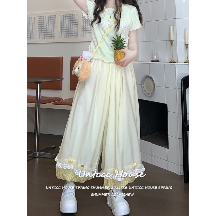 [All-Match Sweet Style Wide Leg Pants] กางเกงขากว้างสไตล์หวานแมทช์ได้ทุกชุดขอบลูกไม้สำหรับผู้หญิงสวยและสะดวกสบาย