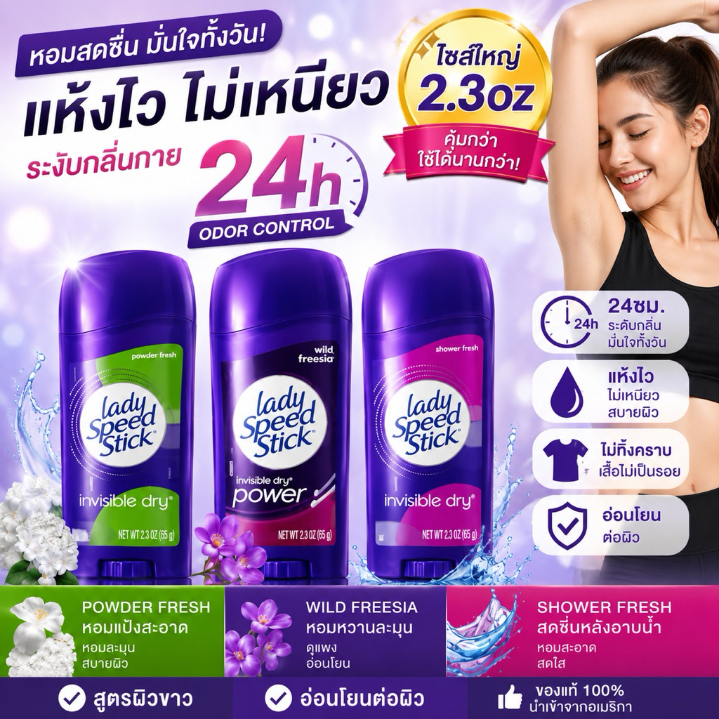 Lady Speed Stick 2.3oz โรลออนผู้หญิง ระงับกลิ่นกาย แห้งไว ไม่เหนียว 24ชม