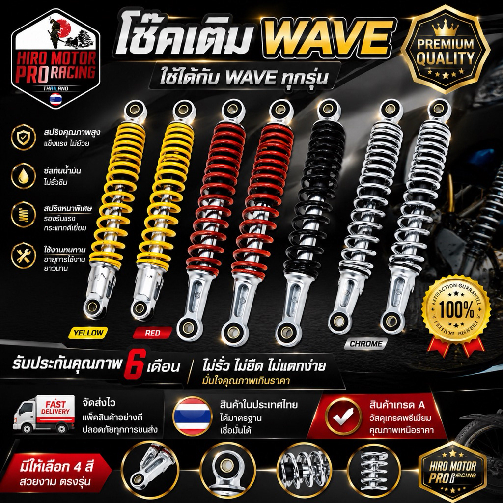 โช๊คอัพหลังเดิม WAVE ทุกรุ่น HIRO MOTOR PRO RACING โช๊คคุณภาพพรีเมี่ยม มีให้เลือกหลายสี ตรงรุ่น OEM