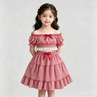 BB291 ชุดเซ็ตแฟชั่นเด็กผู้หญิง ลายสก็อตแดงขาว ใส่ถ่ายรูปสวย