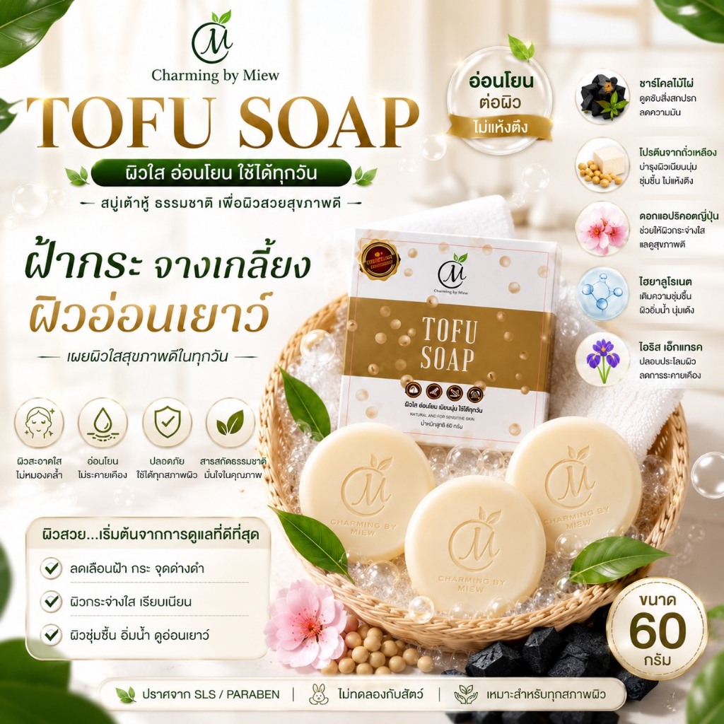 สบู่เต้าหู้ หน้าใส สลายฝ้า ลดกระ จุดด่างดำ ผิวนิ่ม ผิวเด็ก ผิวกระจ่างใส Charming by miew