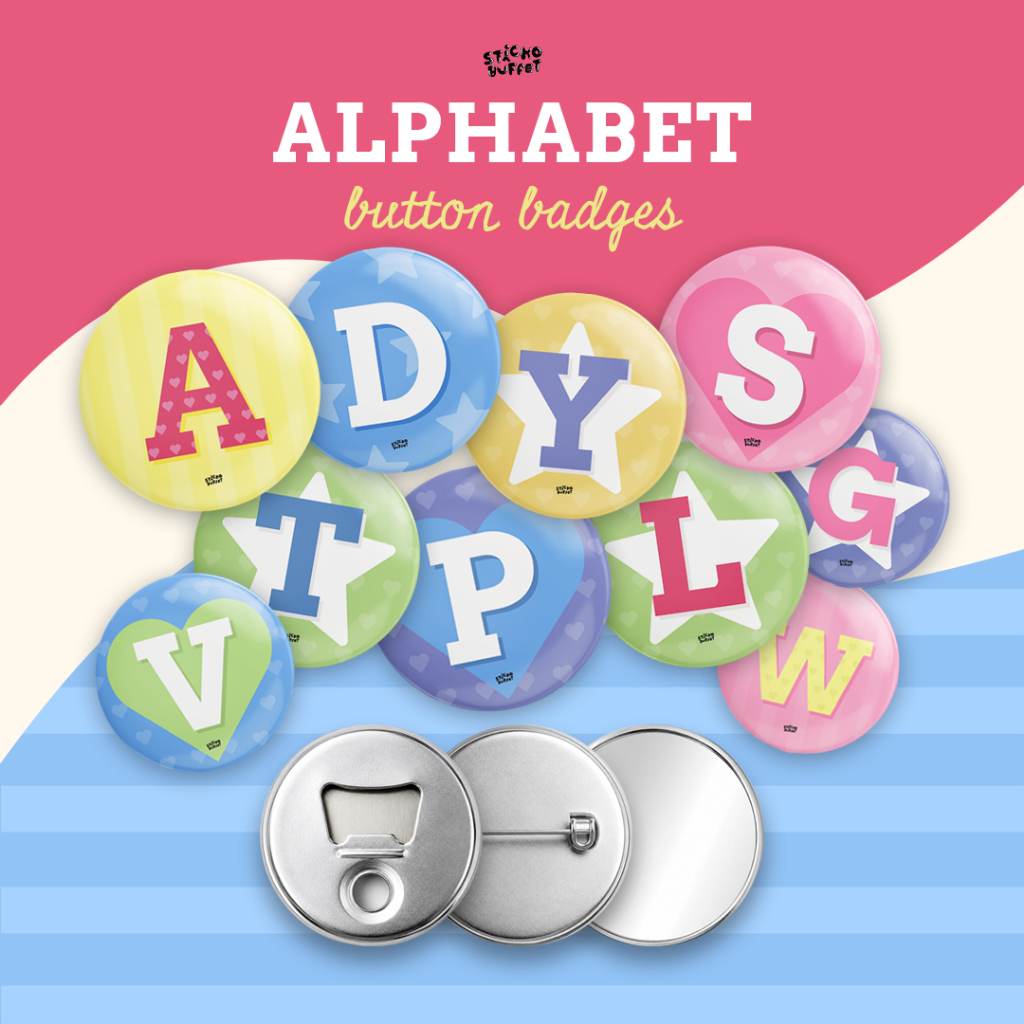 เข็มกลัด กระจก ที่เปิดขวด ตัวอักษร A-Z ขนาด 32,58 mm. Alphabet Button Badges | STICKO BUFFET