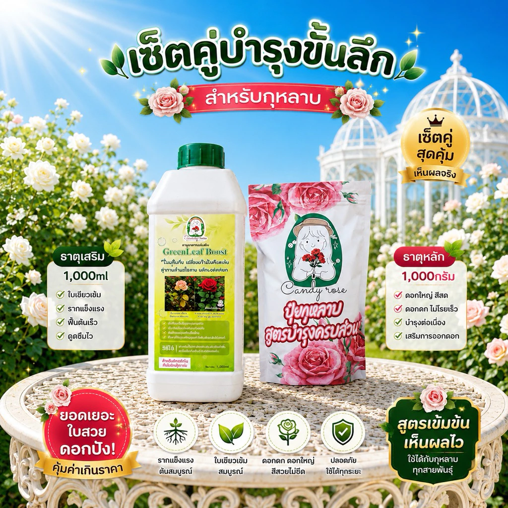 [ เซ็ตคู่ ]บำรุงขั้นลึก ธาตุหลัก(1,000กรัม)+ธาตุเสริม(1,000มล.) สำหรับกุหลาบ ยอดเยอะ ใบสวย ดอกปัง คุ้มค่า
