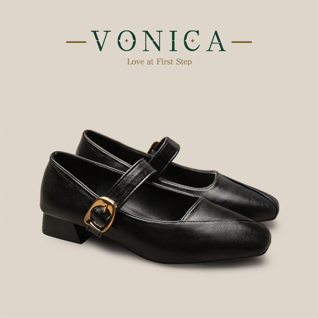 VONICA รองเท้า Mary Jane ผู้หญิง หัวเหลี่ยม ส้นครึ่ง สไตล์วินเทจ สวมใส่สบาย ใส่ไปทำงานได้ทุกวัน สีดำและสีน้ำตาล