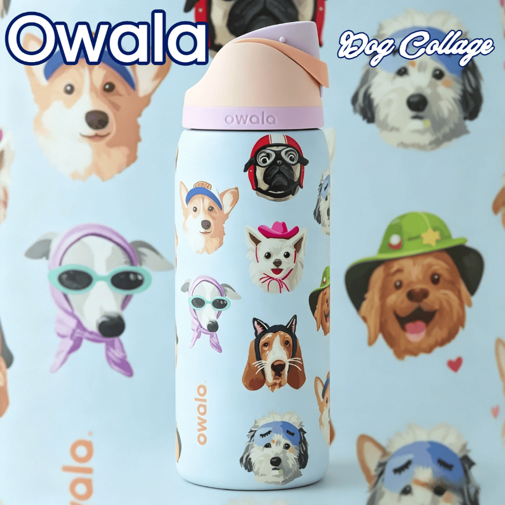 Owala × UrbanOutfitters Dog Collage Freesip ขนาด 24oz แก้วน้ำสแตนเลสเกรด 304 เก็บอุณหภูมิ ไม่มีสาร BPA กันรั่วซึม