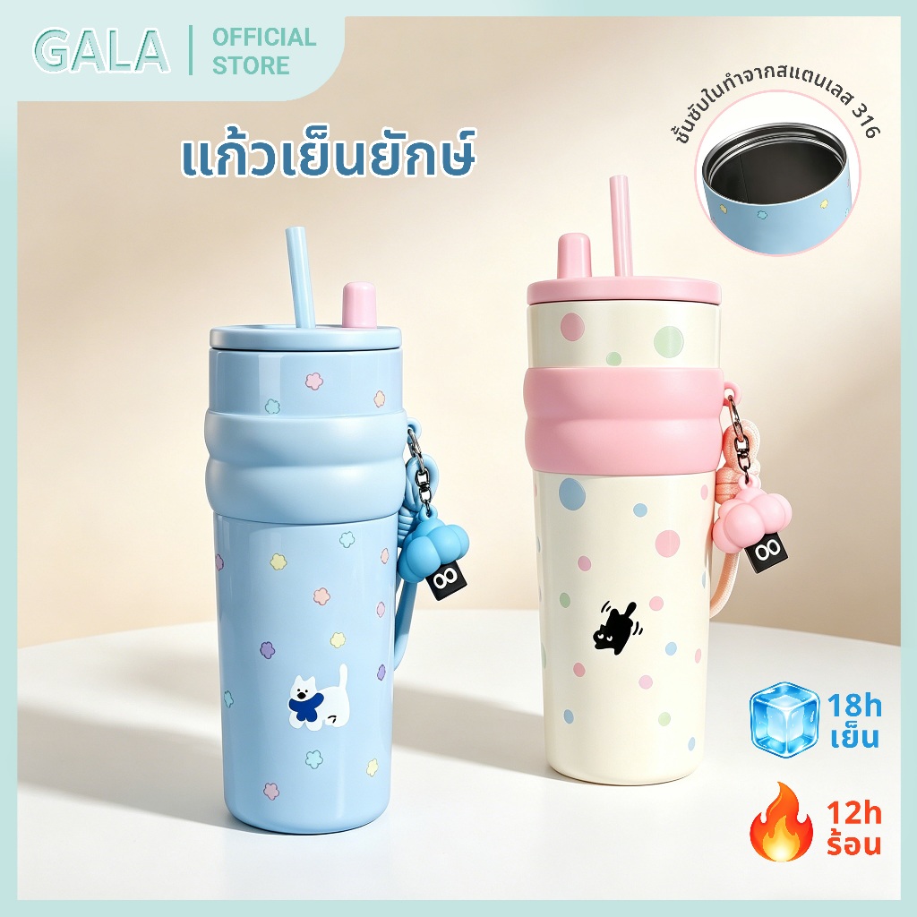 แก้วกาแฟสแตนเลสสตีลพร้อมฝาปิด กระติกสุญญากาศเซรามิคไลเนอร์ ซีรี่ส์ลายจุดพอลกาดอต
