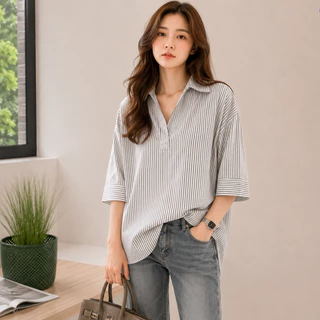 เสื้อเชิ้ตลายทาง แขน5ส่วน ทรงหลวม สไตล์เกาหลี M-4XL