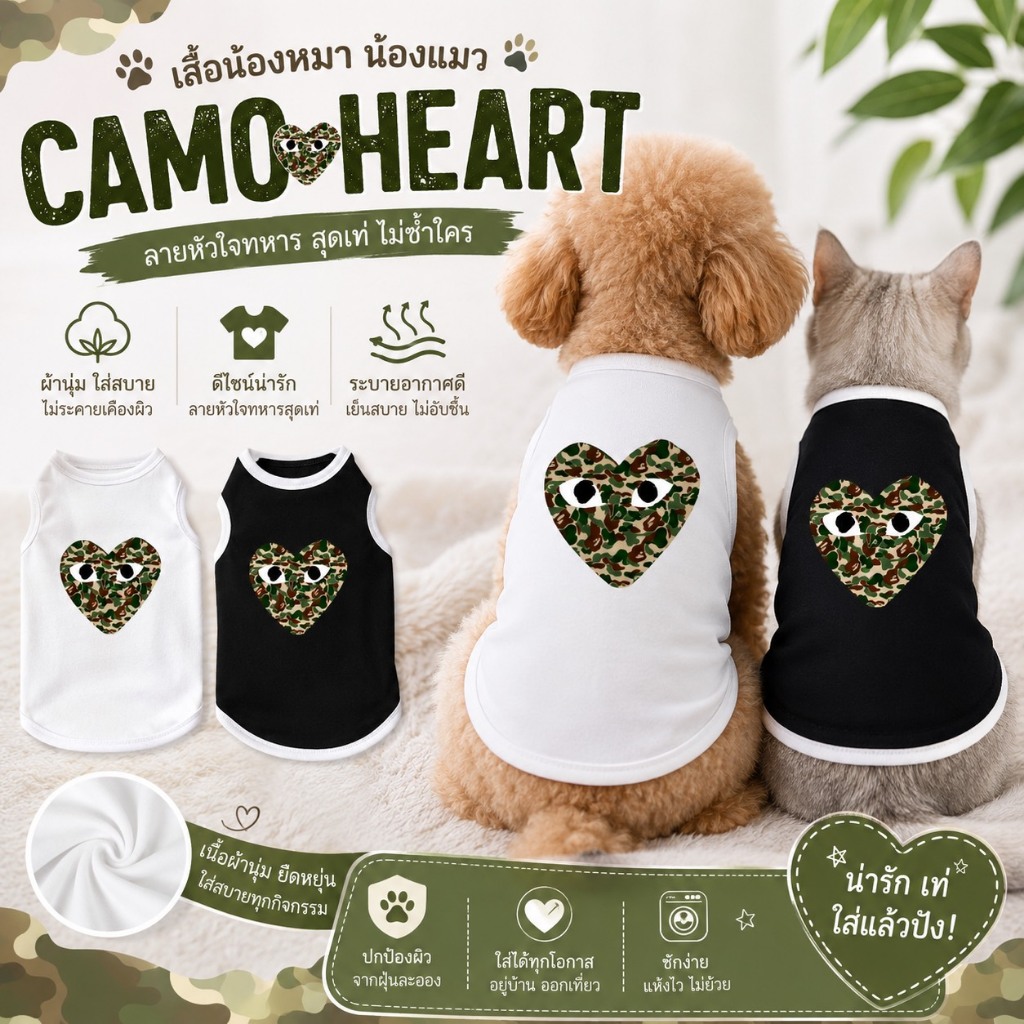 🇹🇭พร้อมส่ง🇹🇭  หัวใจทหาร เสื้อหมา เสื้อแมว เนื้อผ้า Cotton 100% ใส่สบาย งานละเอียดเหมือนเสื้อคน