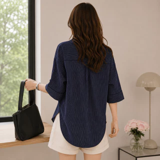 เสื้อเชิ้ตลายทาง แขน5ส่วน ทรงหลวม สไตล์เกาหลี M-4XL