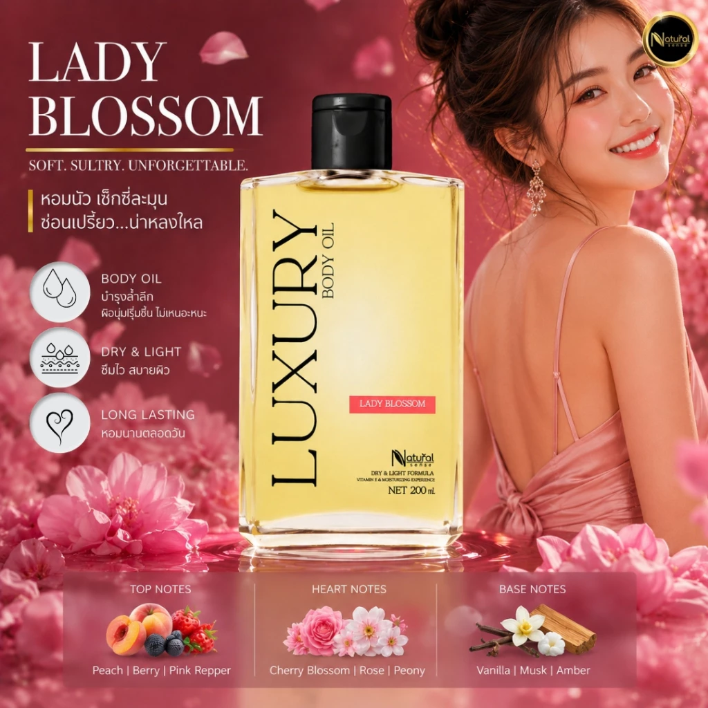 Luxury Body Oil ออยล์บำรุงผิวซึมไว วิตามินอีเข้มข้น บำรุงผิว กลิ่นหอมติดผิว (100ml/200ml) thumbnail 7