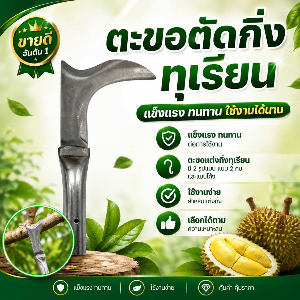 ตะขอแต่งกิ่งทุเรียน  มีให้เลือกด้วยกัน 2แบบ แบบ 2คม หัวงอ และแบบโค้ง อุปกรณ์ตัดแต่งกิ่งสวนทุเรียน แข็งแรง