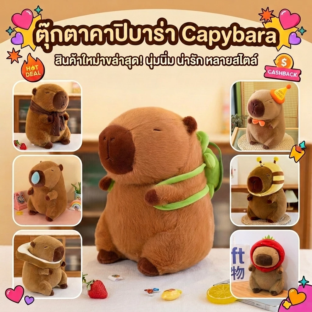 ตุ๊กตาคาปิบาร่า Capybara ตุ๊กตากอดนุ่มฟู ขนาด 25-55 ซม. ลายกระเป๋าเต่า/หมวกผึ้ง ของขวัญวันเกิด