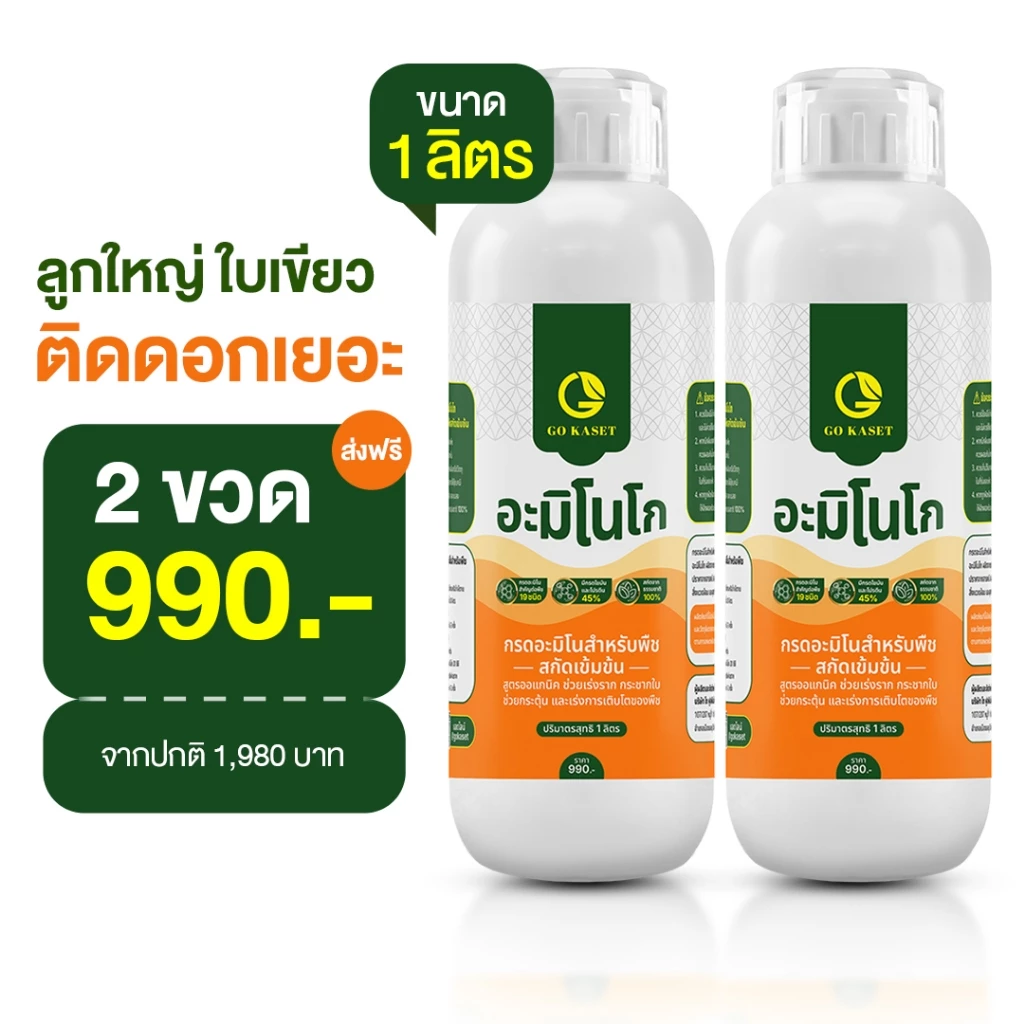 [2ขวด] อะมิโนโก(ขวดใหญ่) 1,000 ML - AMINO GO กรดอะมิโนสำคัญต่อพืช 19 ชนิด ปุ๋ยน้ำ ปุ๋ยกุหลาบ เร่งราก