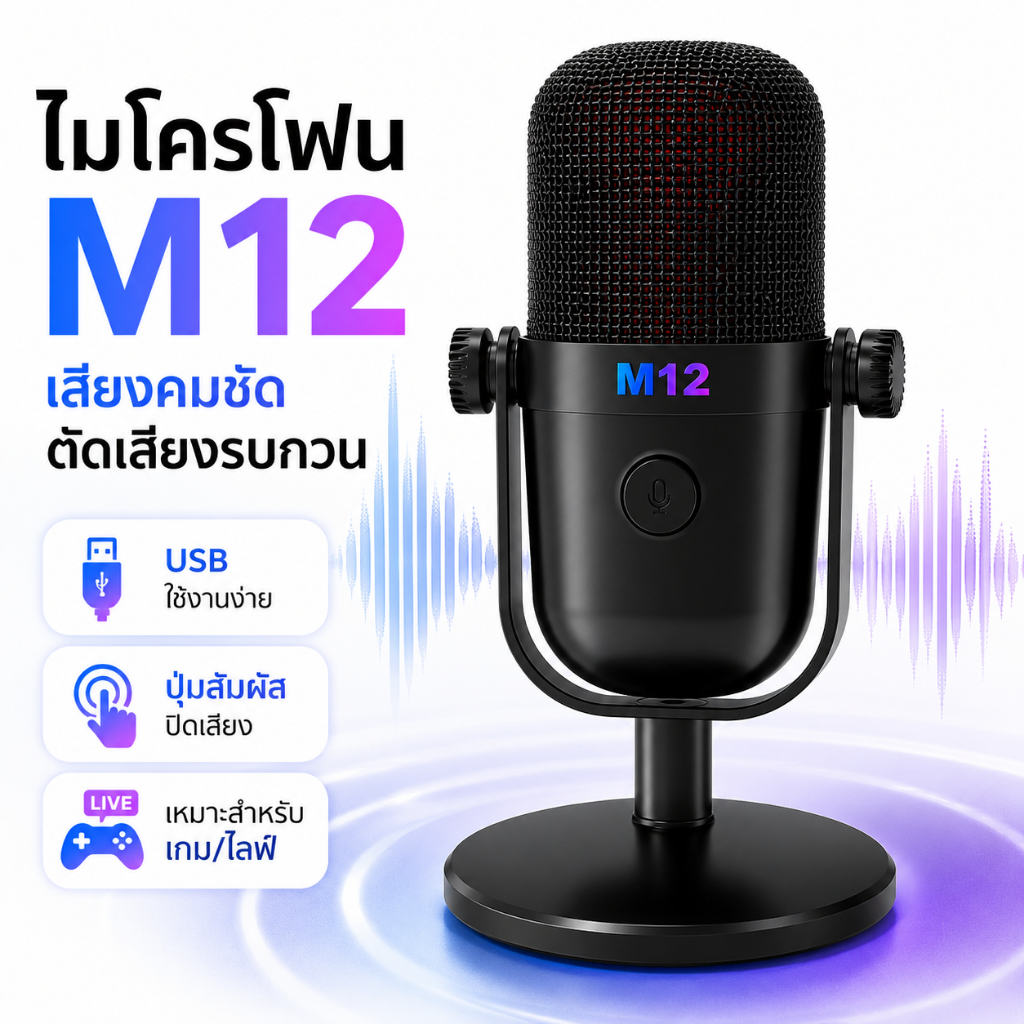 ไมโครโฟน USB แบบมีสาย M12 สำหรับเดสก์ท็อปแบบพกพา เล่นเกม บันทึกเสียงพอดแคสต์ และสตรีมสด