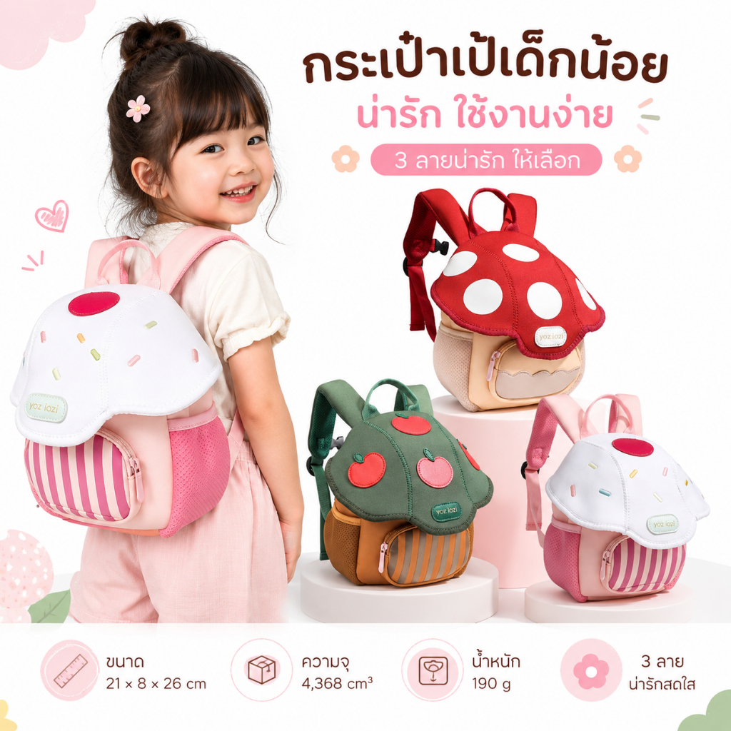 กระเป๋าเด็ก กระเป๋าเป้นักเรียนเด็กอนุบาล ลายการ์ตูนน่ารัก น้ำหนักเบา ใส่ของใช้เด็กได้ ขนาด 21×8×26 ซม.