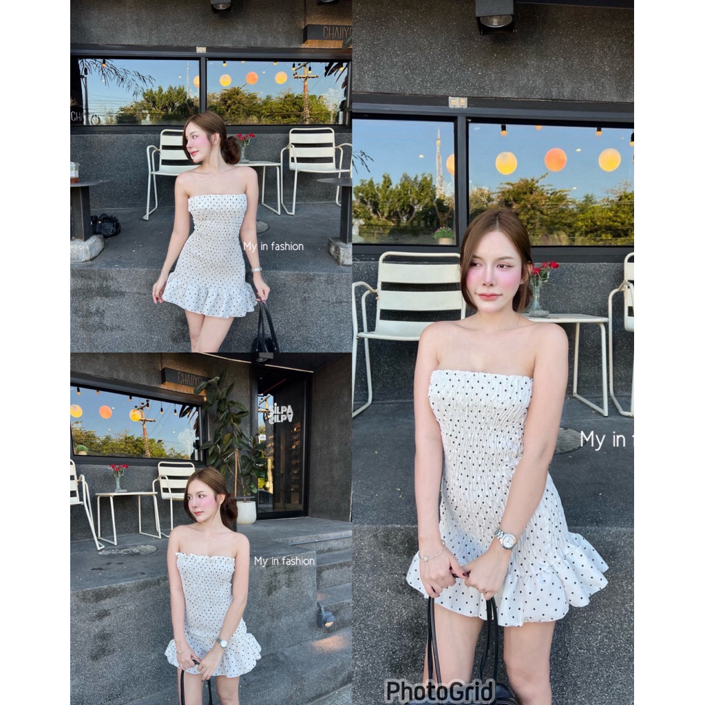 Mabelle   เดรสเกาะอกลายจุด ดีเทลสม็อคทั้งตัว