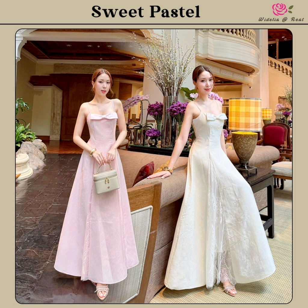 Sweet everyday Dress มี 2 สี ชมพู/ครีม เดรสยาวสายเดี่ยว อกแต่โบว์ กระโปรงผ่าเย็บลูกไม้ ซิปหลัง สายปรับได้