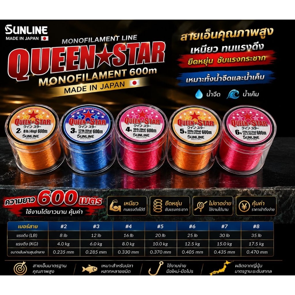 Sunline Queen Star 600m - สายเอ็นคุณภาพสูง Made in Japan เหนียว นุ่ม ทนแรงดึง คุ้มค่าที่สุด!