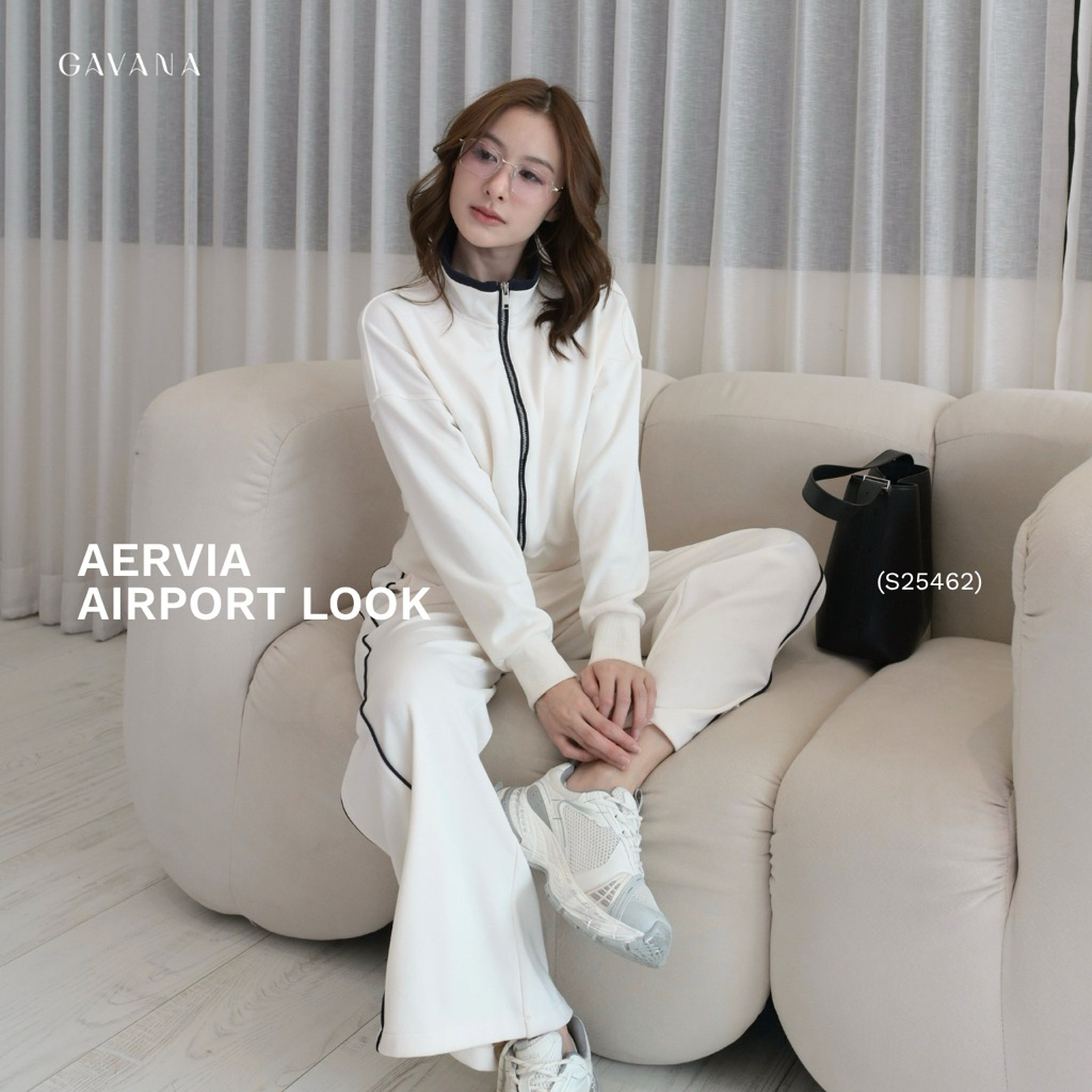 พร้อมส่ง สีขาว✅ GAVANA -   Aervia Airport Look ✈️ เสื้อแขนยาวซิปหน้า+กางเกงขายาว #S25462