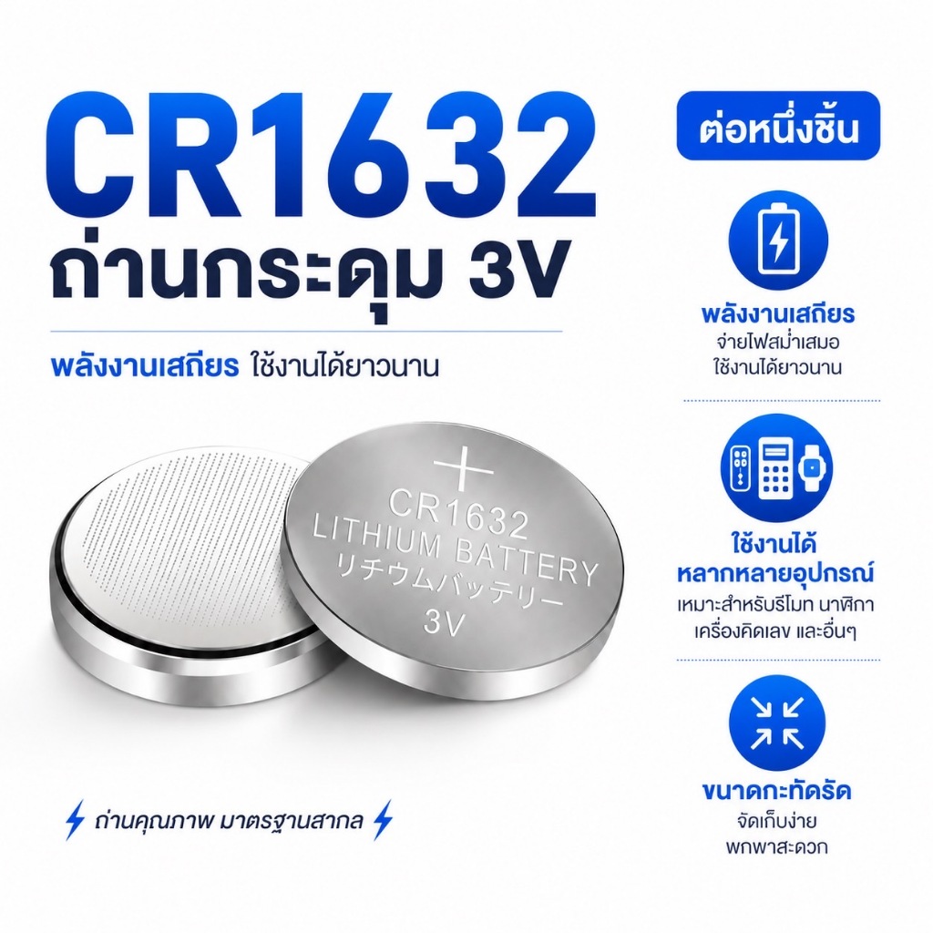 ถ่านลิเธียม แบบกระดุม ถ่านเอนกประสงค์ ถ่ายแฟลตกล้อง  CR1632