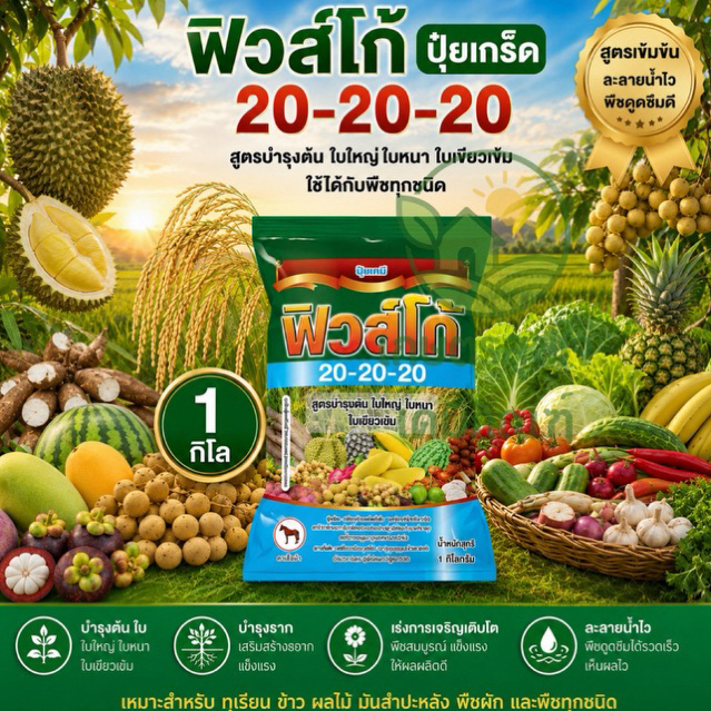 ปุ๋ยเกร็ด 20-20-20 ฟิวส์โก้ 1 กิโกรัม เร่งต้น เร่งดอก เร่งผลผลิต