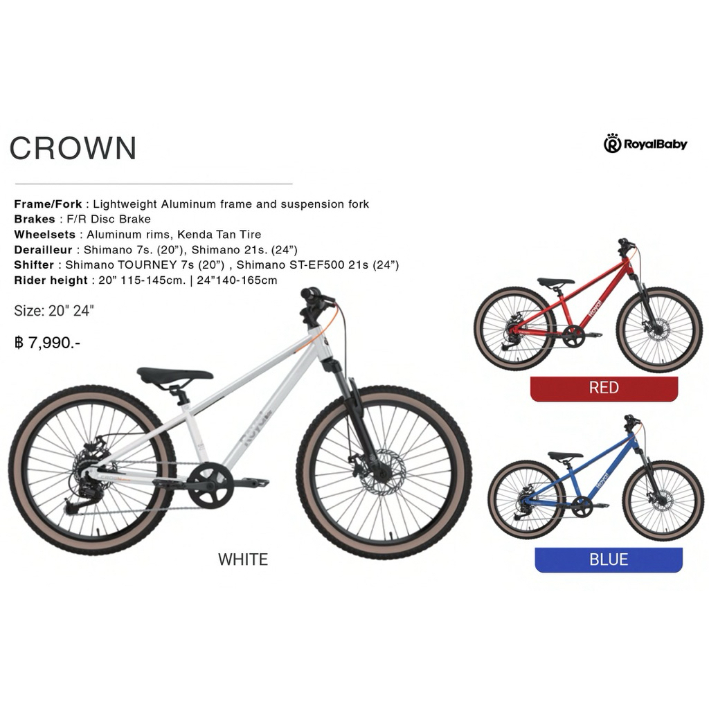 RoyalBaby CROWN 20"/24" จักรยานเด็กโต เฟรมอลูมิเนียม เกียร์ Shimano ดิสก์เบรก | Kids MTB Bike