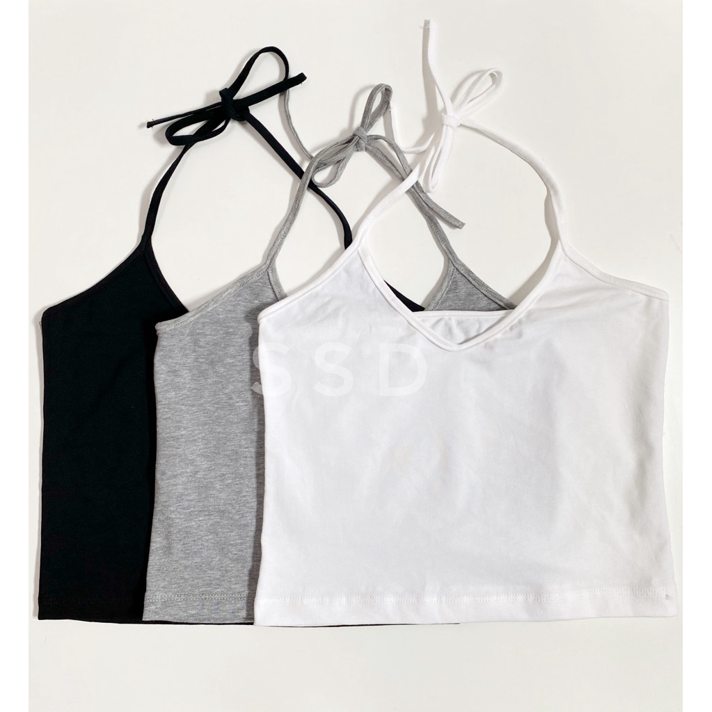 เสื้อครอปคล้องคอแบบผูกปรับระดับได้สีเบสิคสวมใส่สบาย#ssd#crop