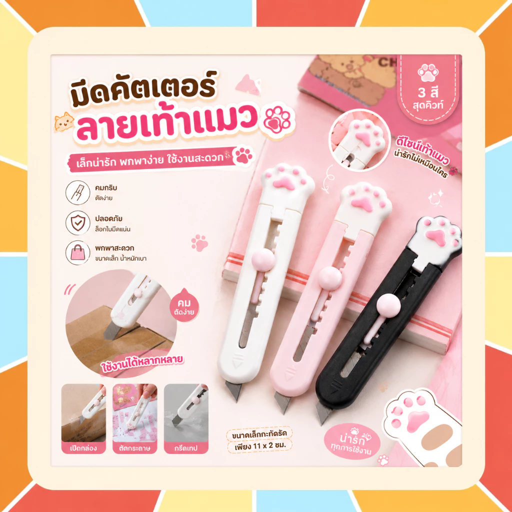 มีดคัตเตอร์ คัทเตอร์ ขนาดเล็ก ลายเท้าแมวแสนน่ารัก เครื่องเขียนนักเรียน คัตเตอร์ มีดอนกประสงค์