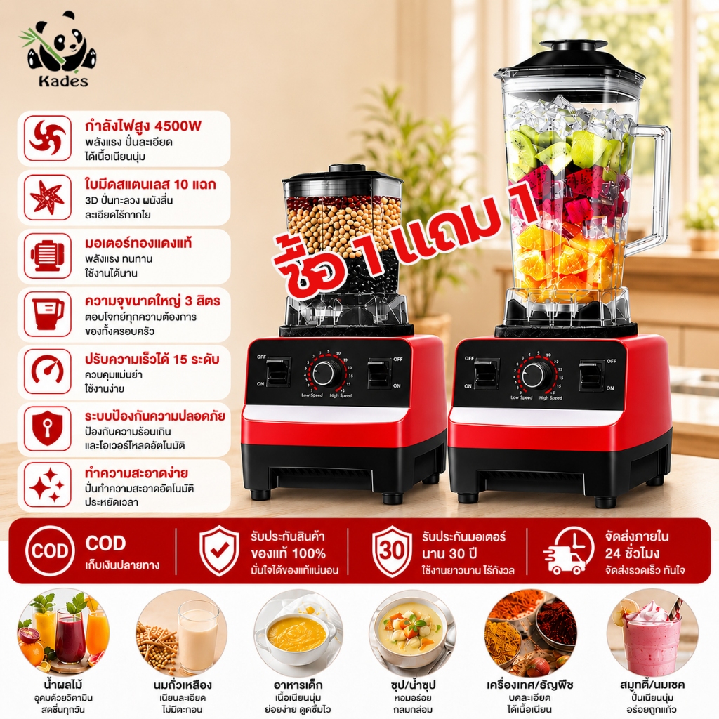 ✨ซื้อ1แถม1✨เครื่องปั่นน้ําผลไม้ เครื่องปั่นสมูทตี้ 3L 4500w ปั่นสมูทตี้ น้ำแข็งได้ อเนกประสงค์