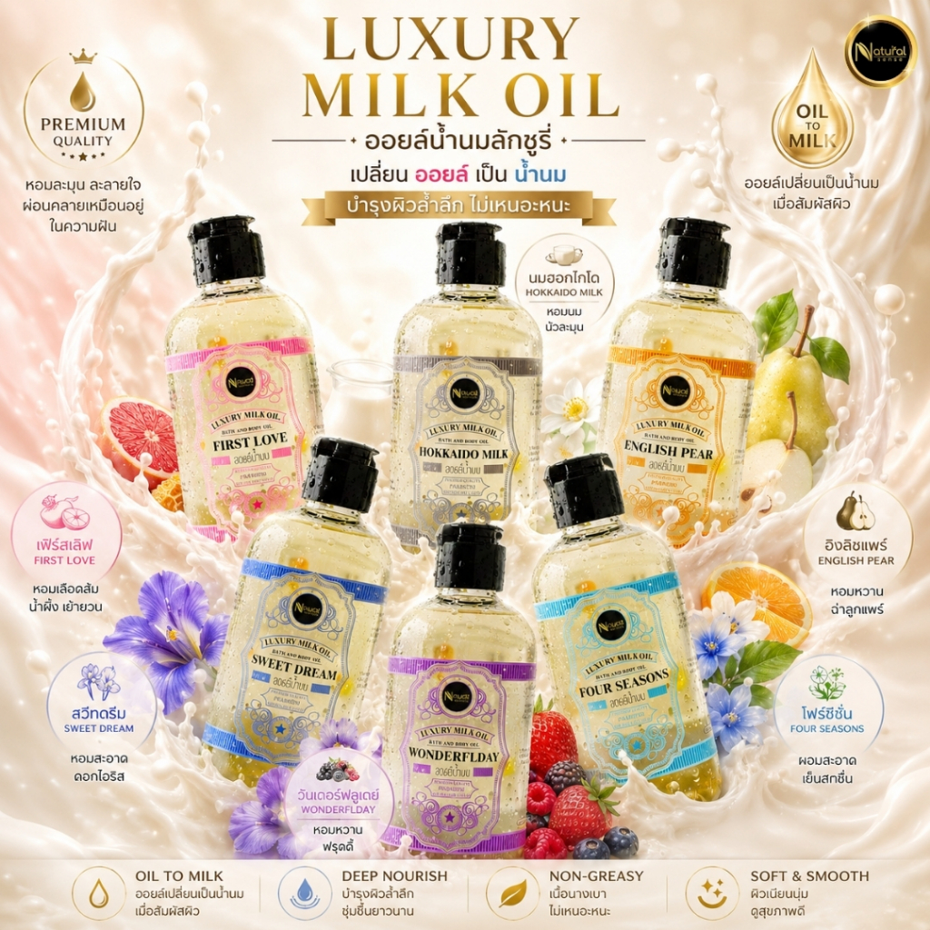 Luxury Milk Oil ออยล์น้ำนมลักชูรี่ (สูตรน้ำหอม) ออยล์บำรุงผิว บำรุงผิว เนียนนุ่ม ชุ่มชื้น 250ml.