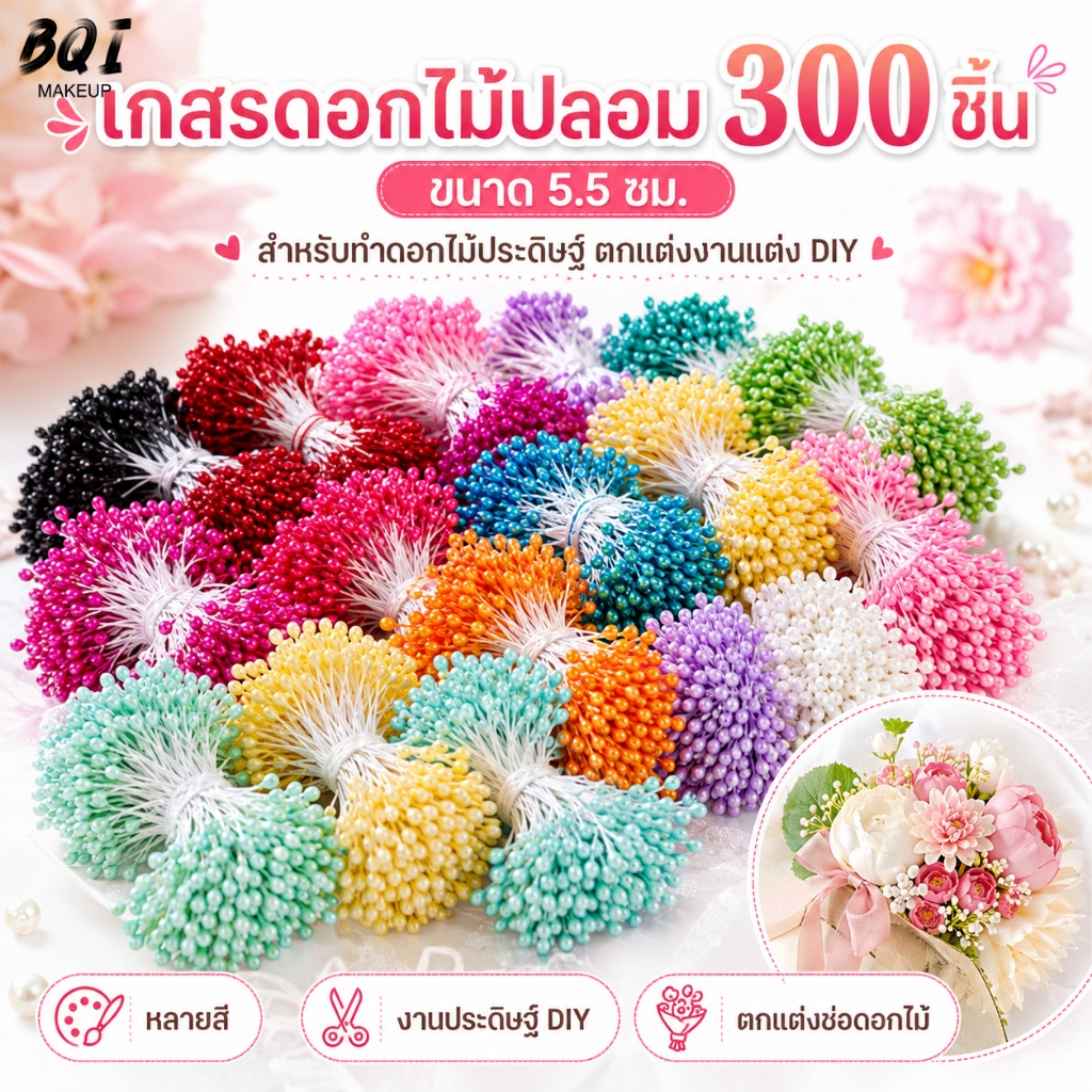 เกสรดอกไม้ปลอม 300 ชิ้น ขนาด 5.5 ซม. หลายสี Pearl Stamen Pistil สำหรับทำดอกไม้ประดิษฐ์ DIY ตกแต่งช่อดอกไม้ งานแต่ง