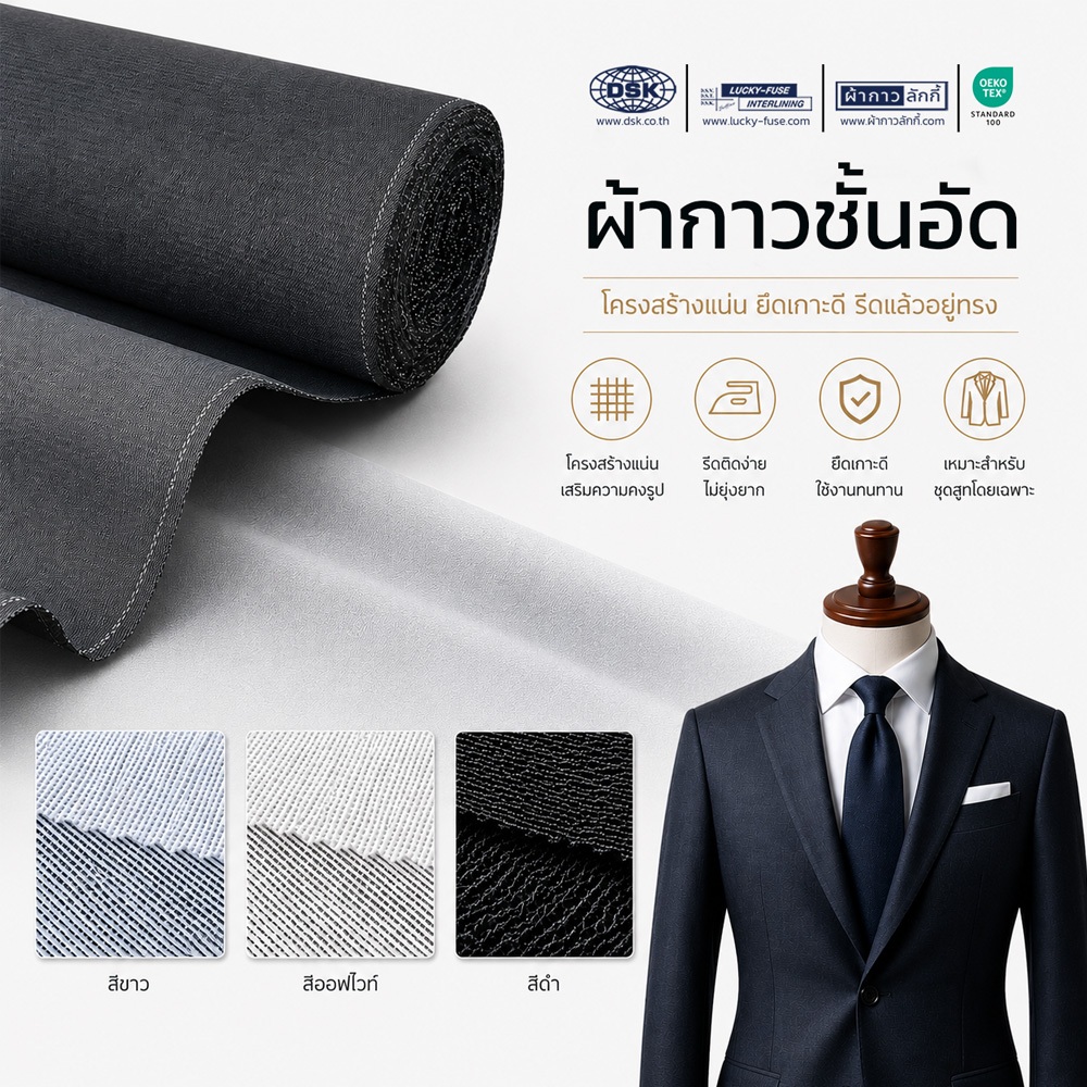 ผ้าชั้นอัดกาว ซับชุดสูท เนื้อกาวหนา รีดติดแน่น หน้ากว้าง 60 นิ้ว มี 3 สี ชานอัด อัดชั้น ผ้ากาวอัดสูท ผ้ากาว ผ้ากาวลักกี้