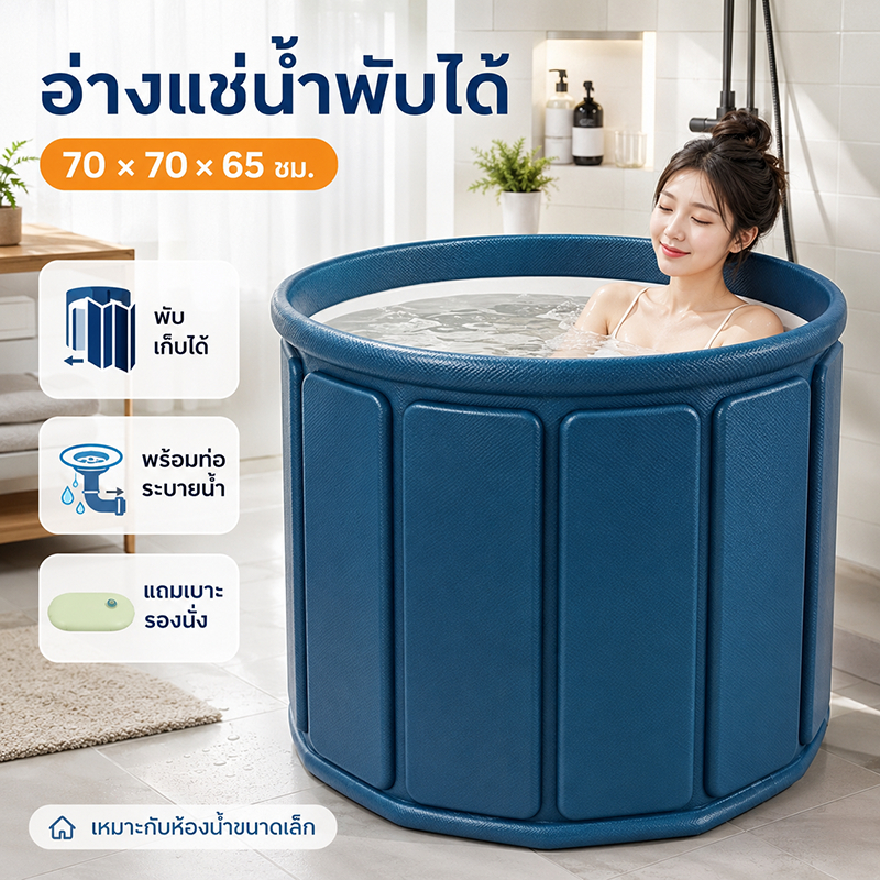 SPACEMADERอ่างอาบน้ำพับได้ ผู้ใหญ่/เด็ก ถังแช่น้ำในบ้าน ไม่ต้องติดตั้ง ประหยัดพื้นที่ เก็บความร้อน พร้อมท่อระบายน้ำ