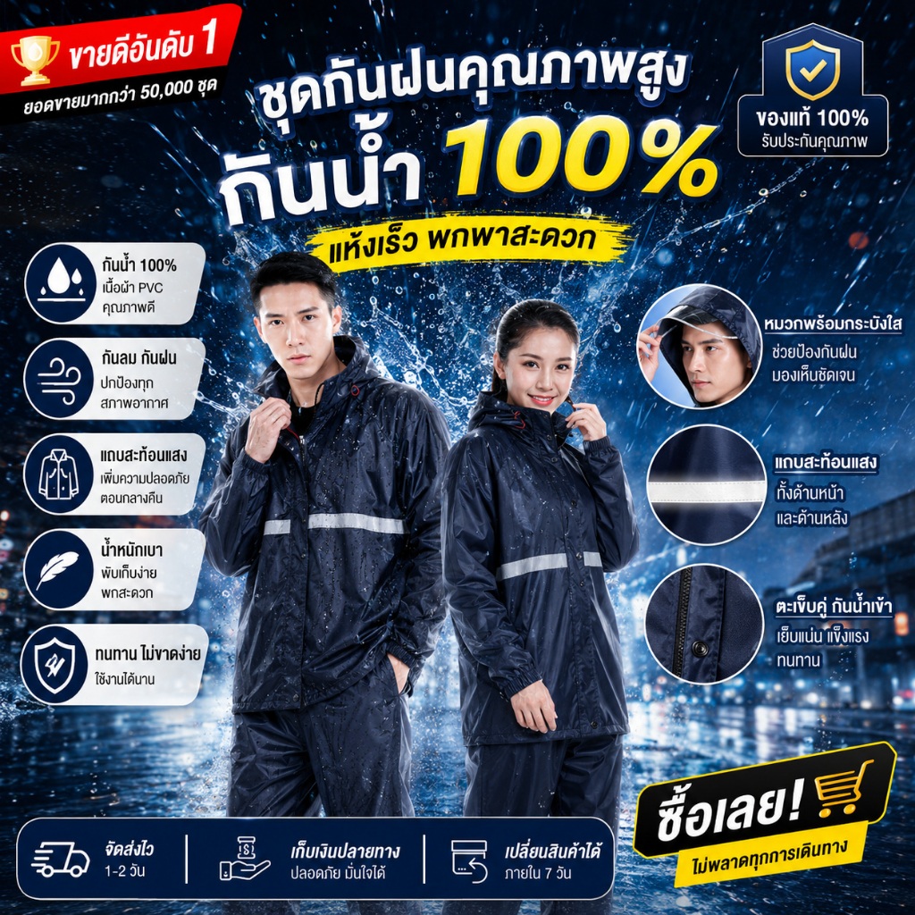 พร้อมส่ง🔥ชุดกันฝนอย่างดี ชุดกันฝนขี่มอเตอร์ไซค์ PVC หนานุ่ม กันน้ำ100% มีแถบสะท้อนแสง ปลอดภัย ทุกเพศ เสื้อกันฝน