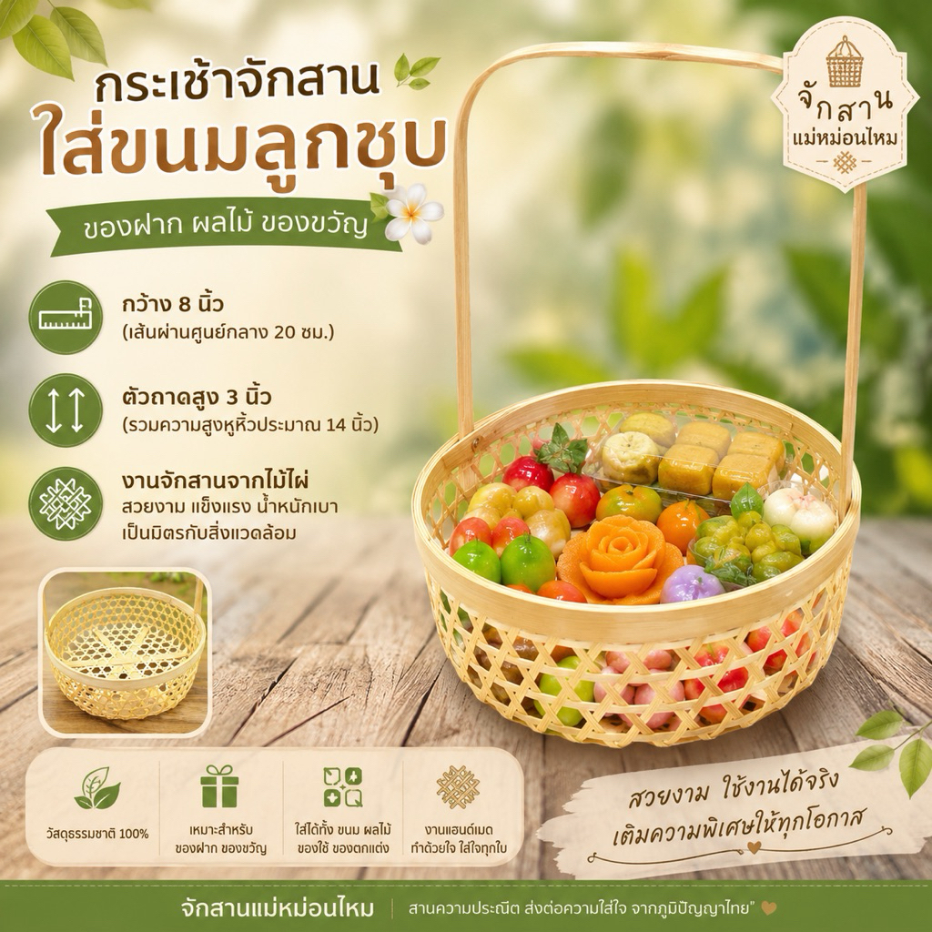 กระเช้าไม้ไผ่ ถาดกลมขนาด8นิ้ว กระเช้า